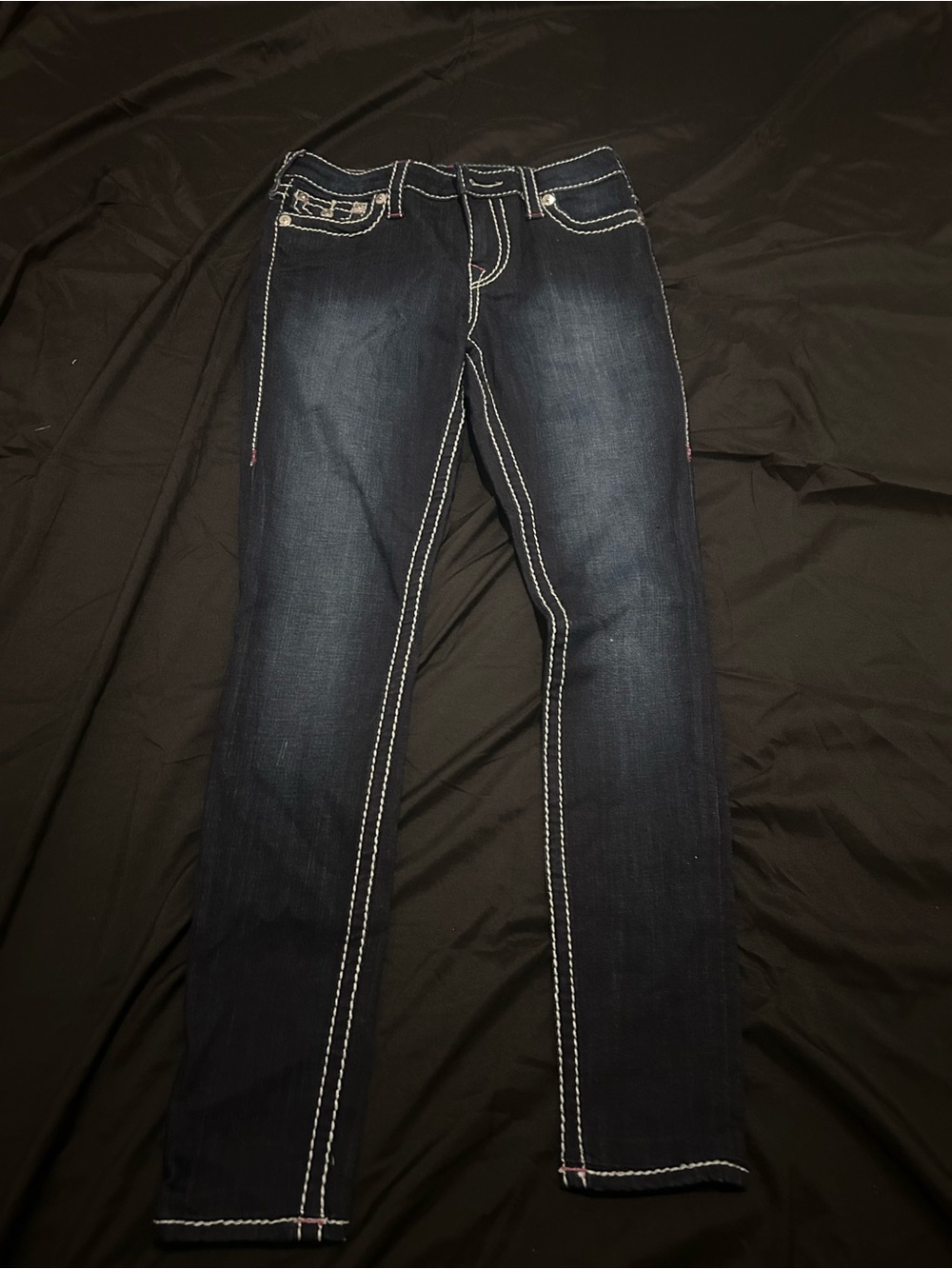 True Religion Women's Dark Blue Skinny Jeans with White Contrast Stitching